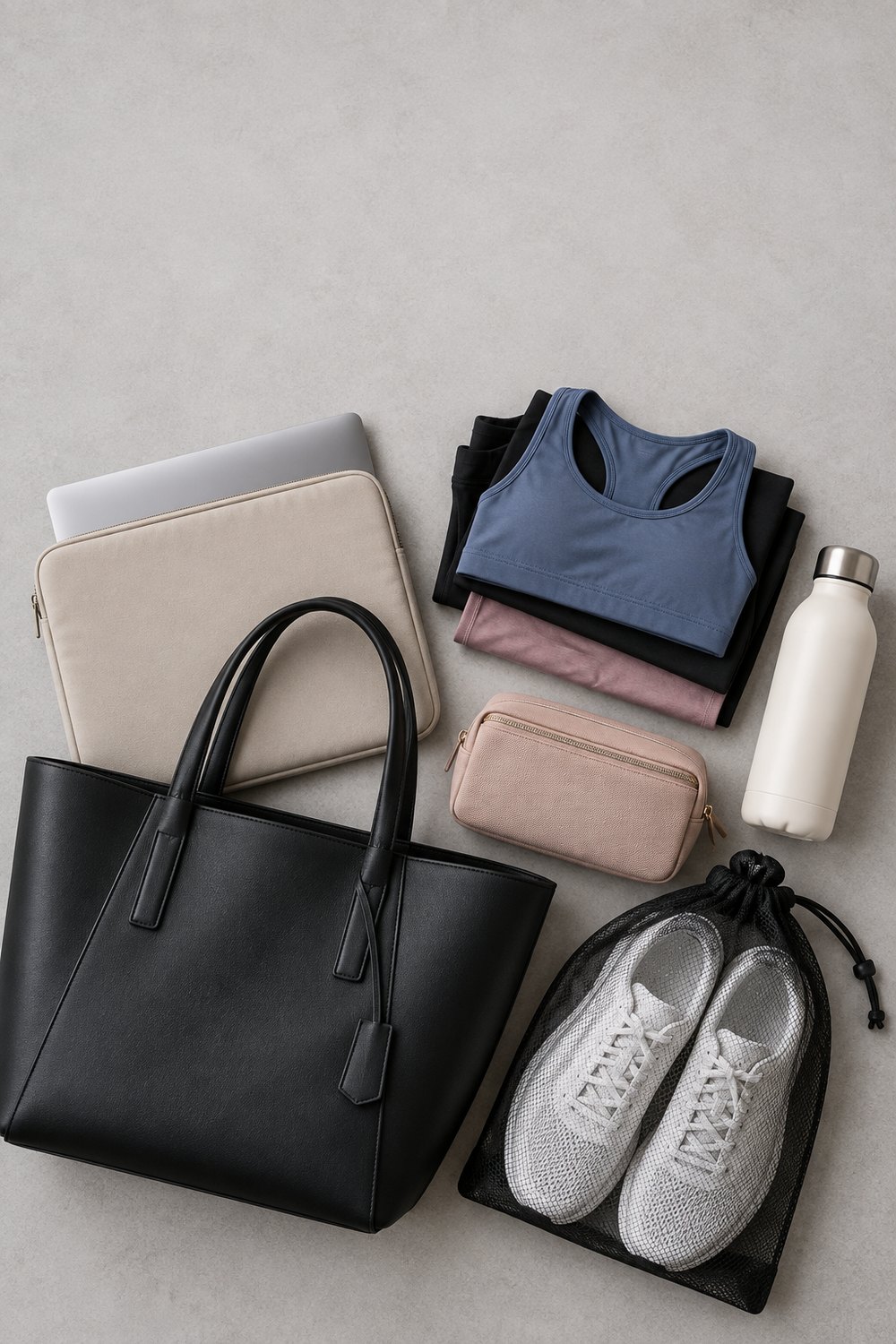 Work-to-gym bag flat lay: black tote, laptop sleeve, folded workout clothes, sneakers in a mesh bag, bottle and pouch
