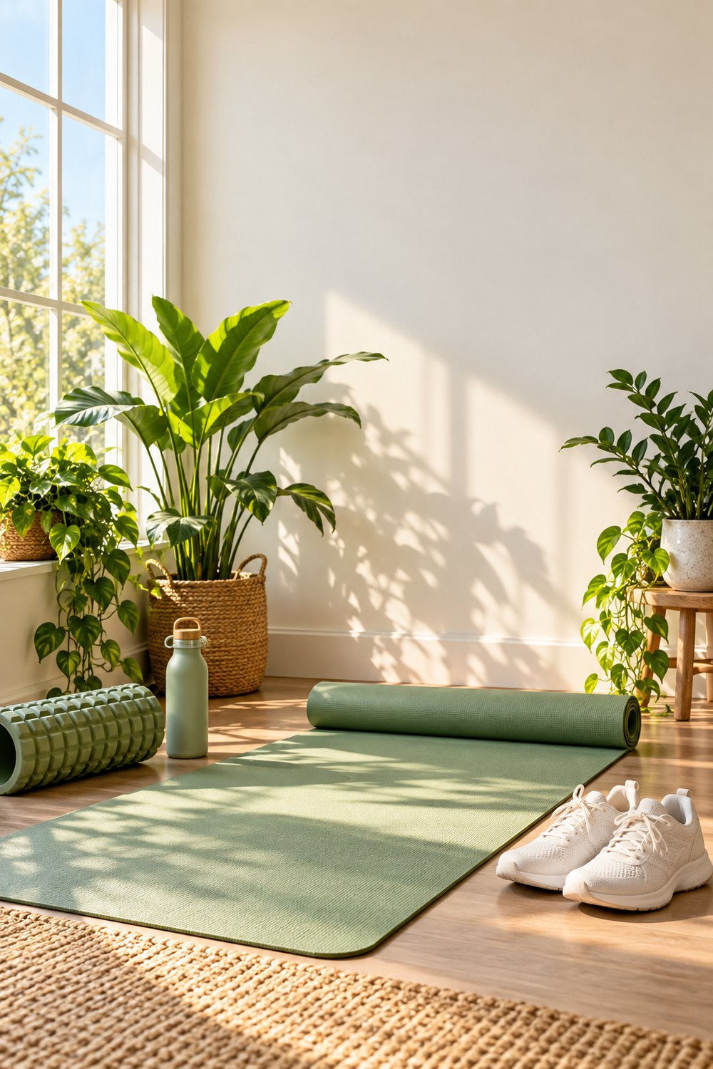 Rest day setup with a sage yoga mat, foam roller, water bottle and sneakers beside a sunny window