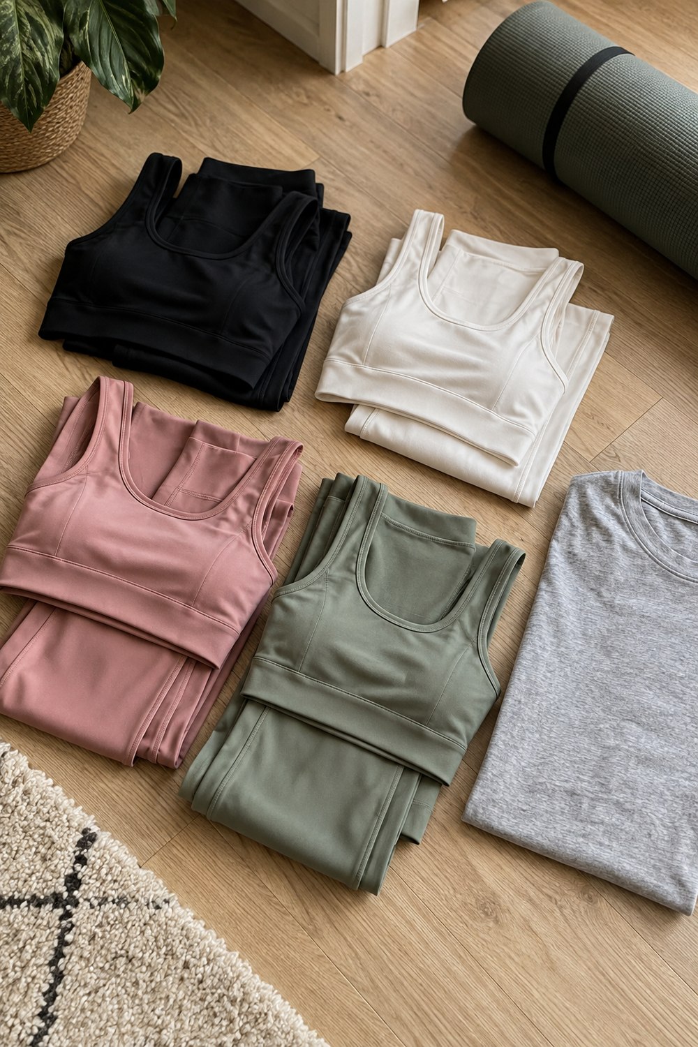 Folded performance leggings and crop tops in black, white, dusty pink and sage beside a grey cotton tee