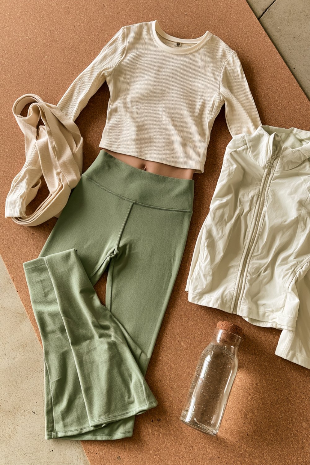 Yoga outfit flat lay on a cork mat: sage flared leggings, cream long sleeve crop top, light jacket and yoga strap