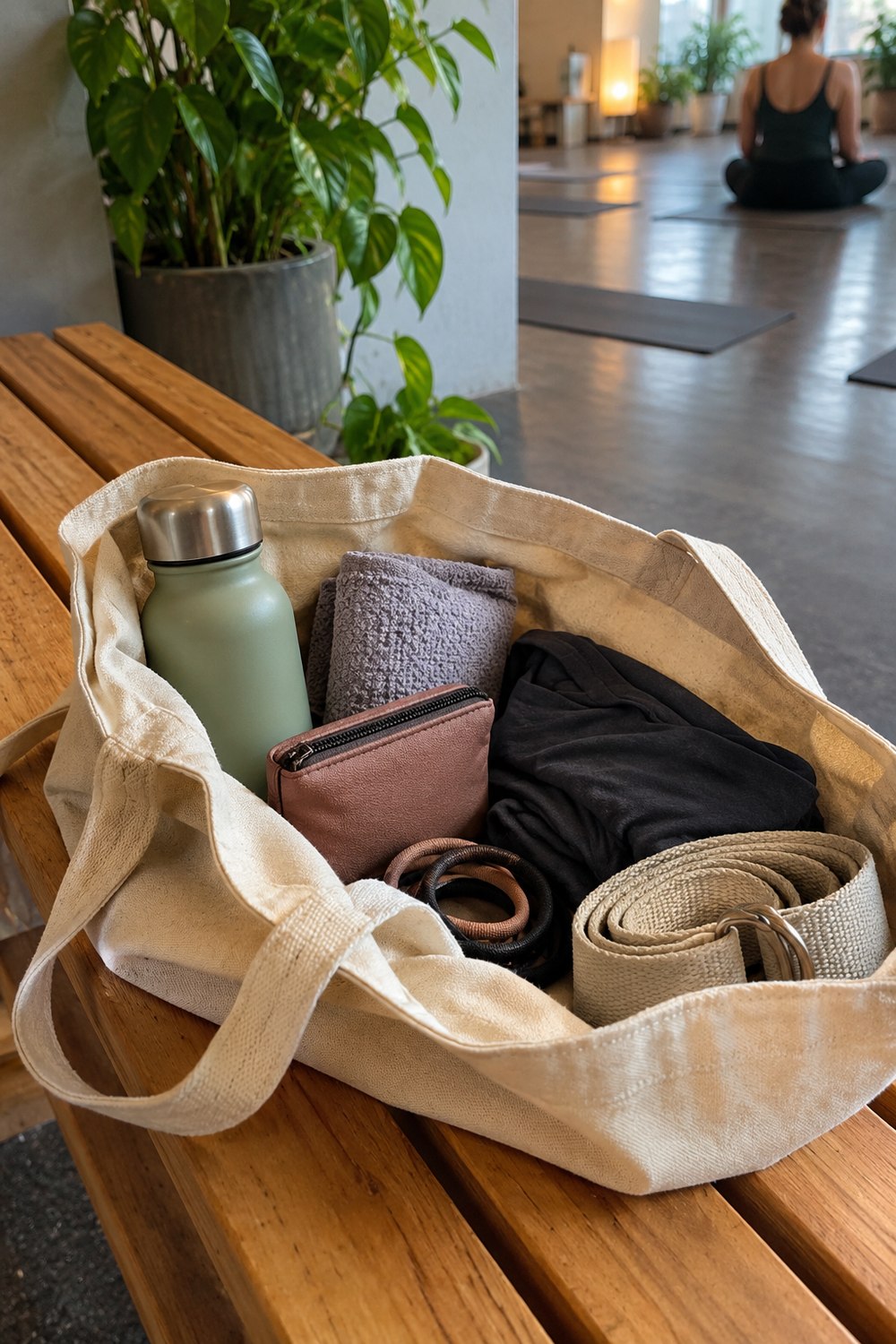 Canvas yoga bag on a studio bench with a water bottle, mat towel, pouch, dry top and mat strap