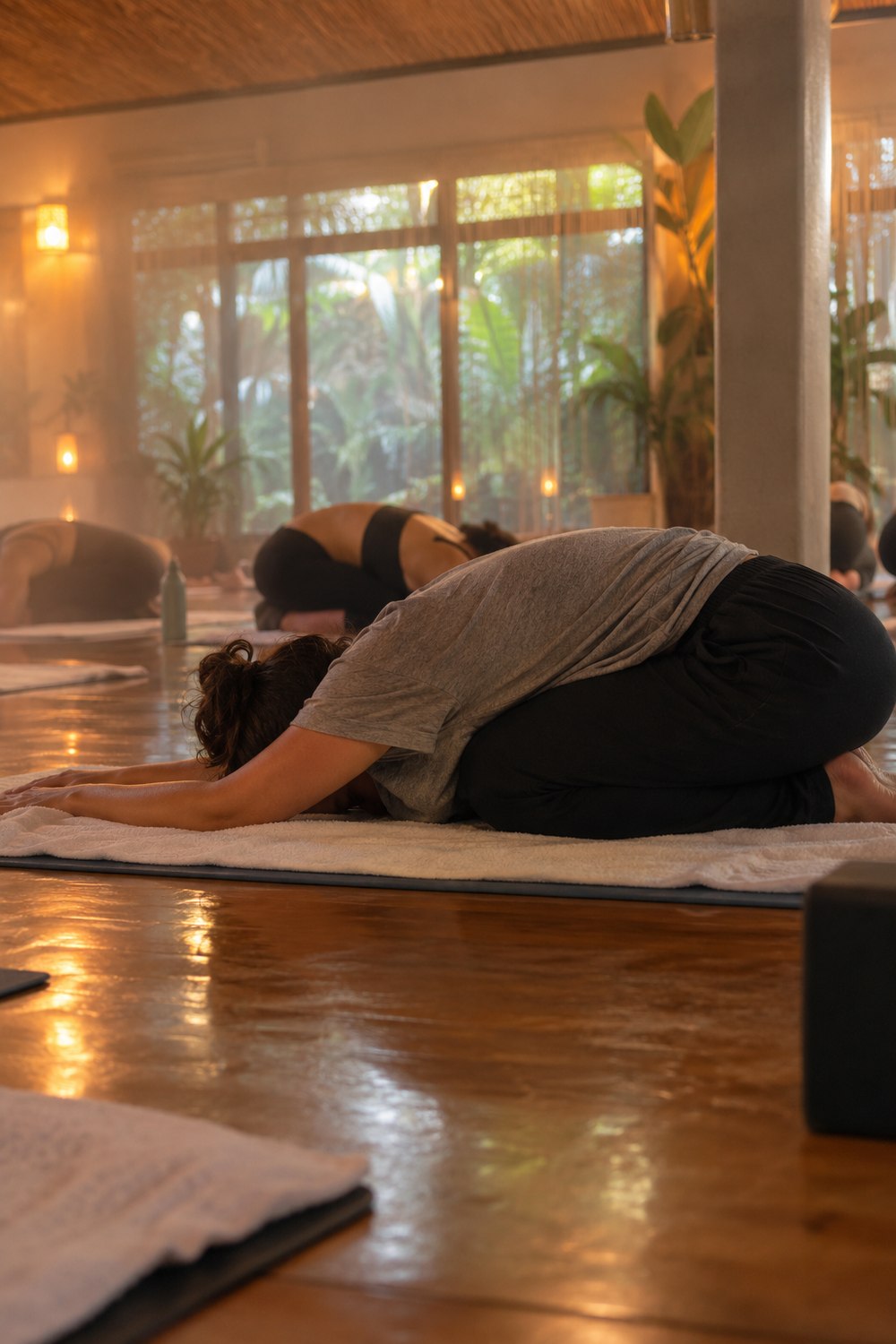 Person resting in child's pose on a towel-covered mat in a warm heated yoga studio