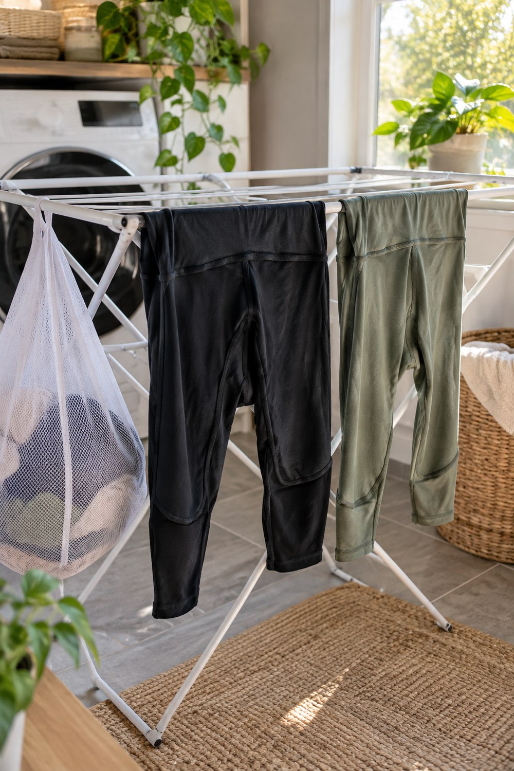 Black and sage leggings turned inside out air drying on a rack beside a mesh laundry bag