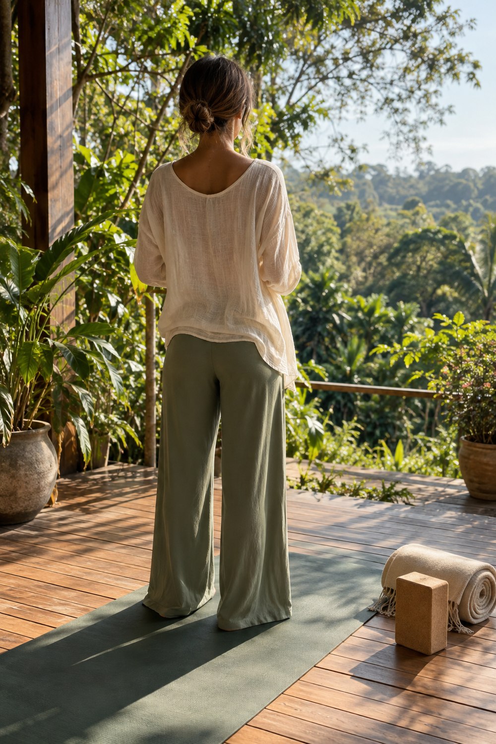 Woman seen from behind on a yoga mat on a sunlit deck in a loose cream linen top and sage wide leg yoga pants